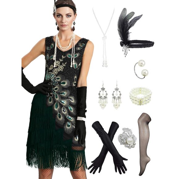 Lеlоvеfu Accessories - 2457 1920s Peacock Sequined Tassel Flapper Party Dresses W/ 20s
